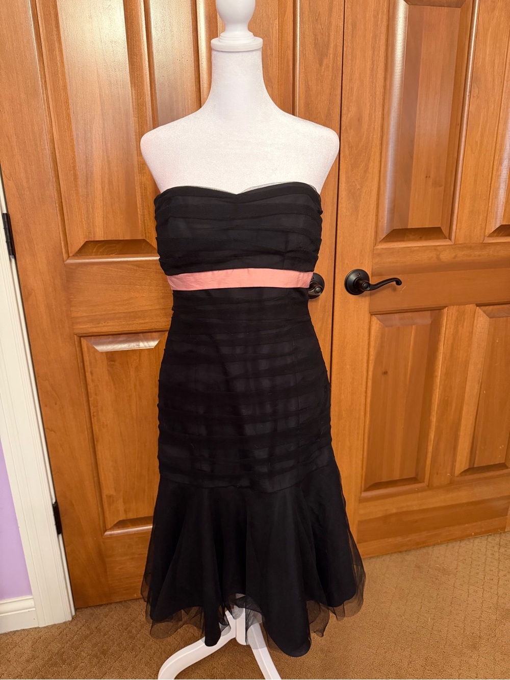 B2 Black Ruffled Fitted With Pink Belt Dress Size 8